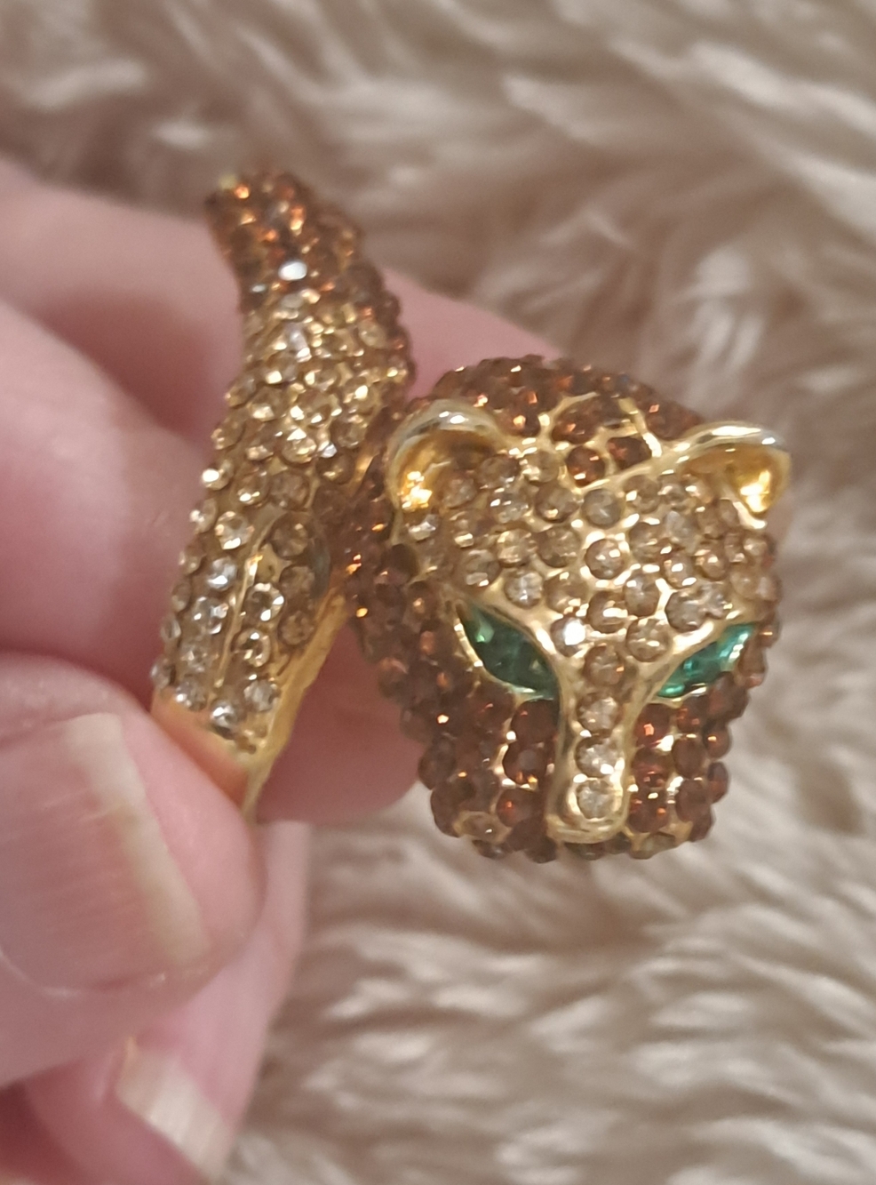 Gold-Tone Crystal Panther Wrap Ring - Green Eye Accent